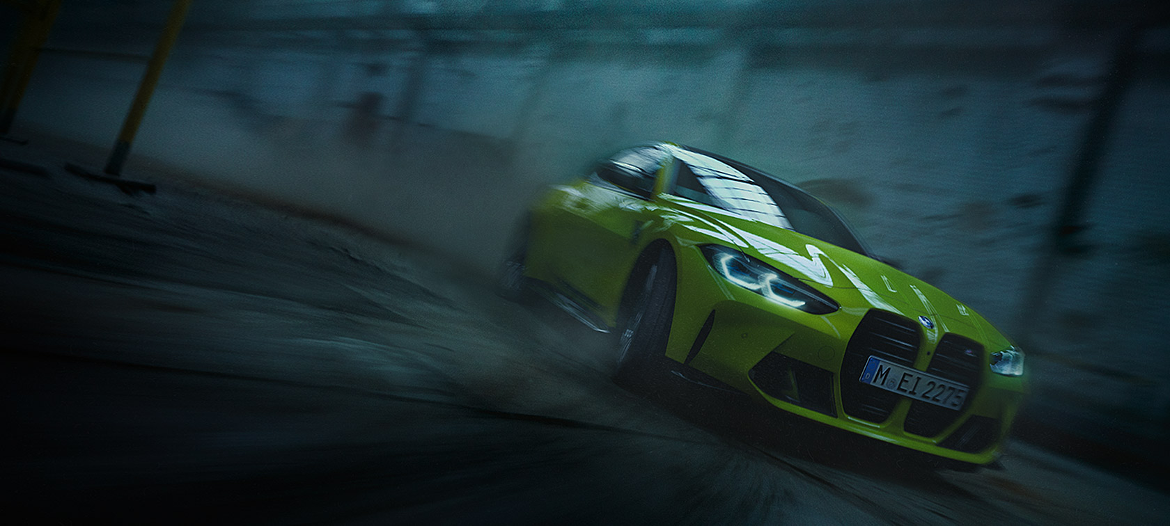 BMW M4 CSL G82 BMW Individual Frozen Brooklyn Grey metallic three-quarter front view in motion