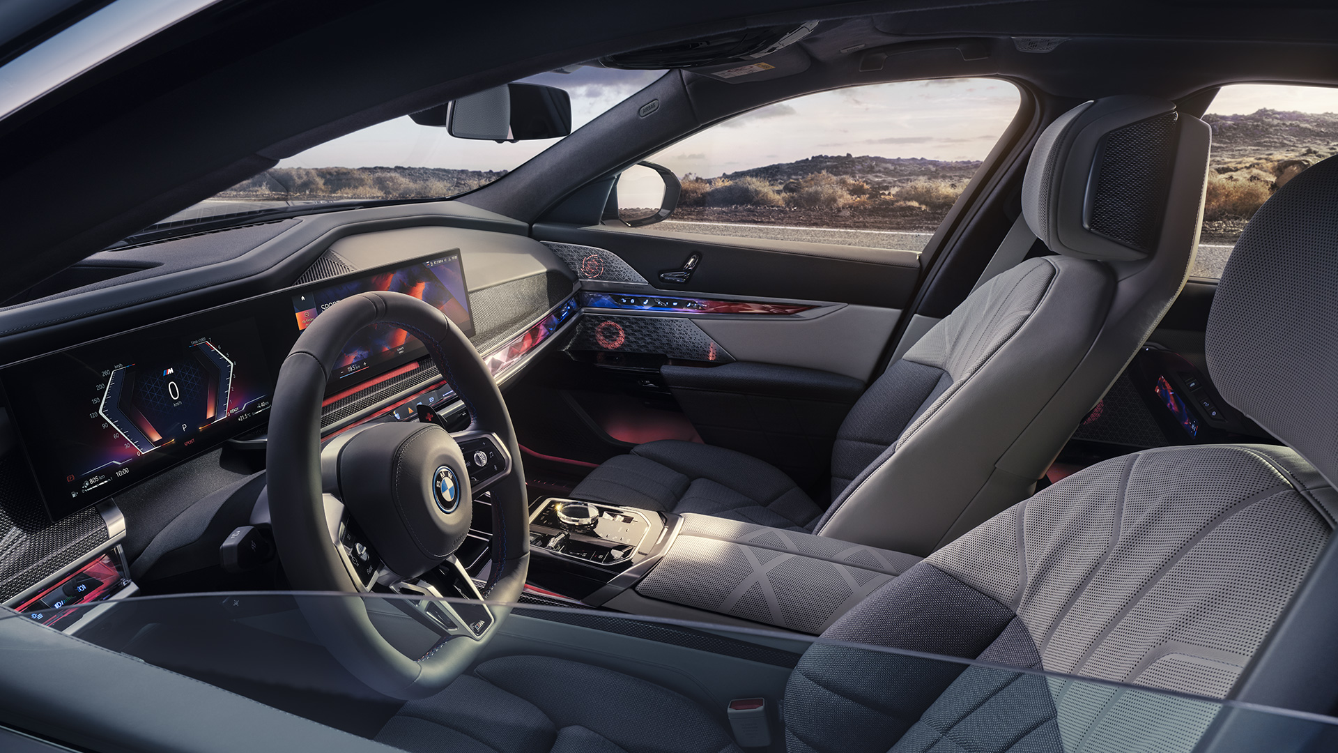 My Mode Sport BMW M760e xDrive Sedan G70 My Mode Sport BMW M760e xDrive Sedan G70 View from the outside through half-closed window glass into the interior