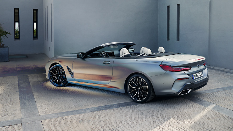 BMW 8 Series Convertible 2022 G14 LCI Facelift BMW Individual Frozen Pure Grey metallic three-quarter rear view