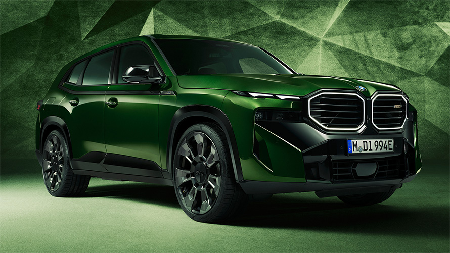 BMW M3 Sedan G80 2021 BMW Individual Mint Green three-quarter side view standing with top view in section