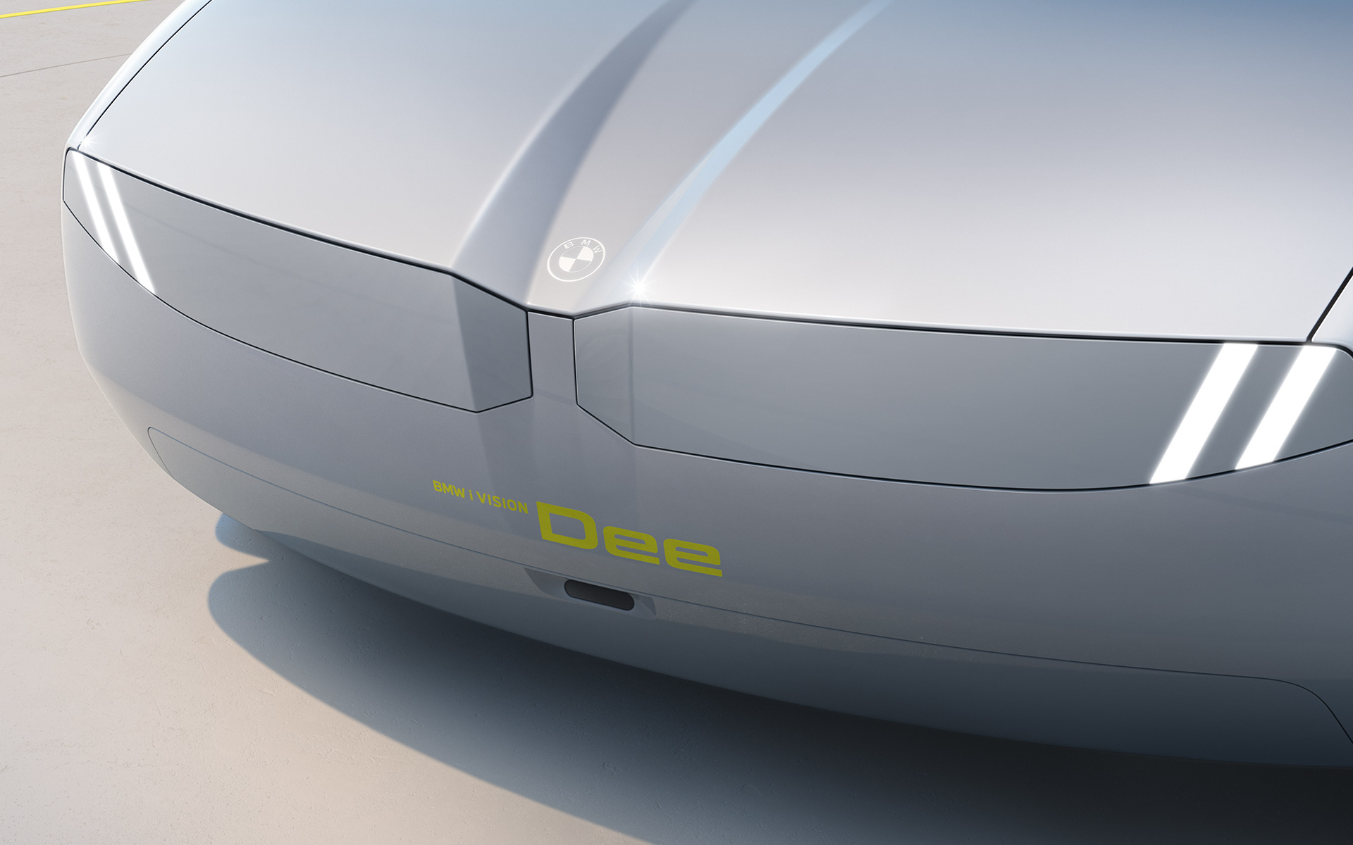 BMW i Vision Dee exterior design front Headlights and BMW kidney form a uniform graphic surface.