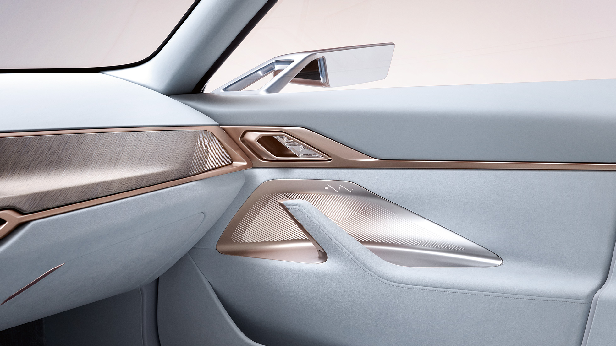 Interior 4 BMW Concept i4 2020 G26 Interior 4 BMW Concept i4 2020 G26 Electric car fully electric BMW Gran Coupé close-up door with exterior mirror